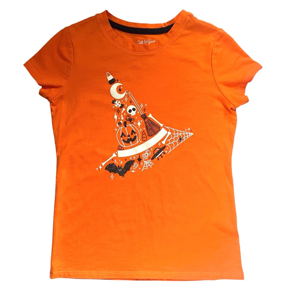 Halloween Tee Girls Sz 7/8 by Cat & Jack Witches Hat, Bat, Pumpkin, Candy Corn